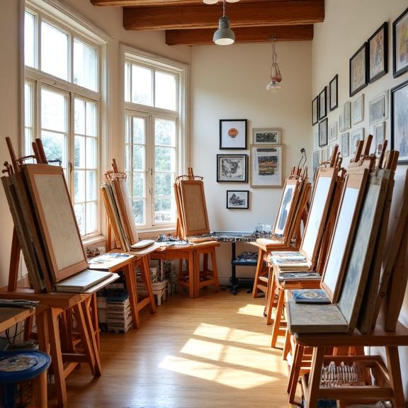 Elysium Canvas studio interior on Liffey Street Lower, Dublin 1 — drawing tables, student work on walls